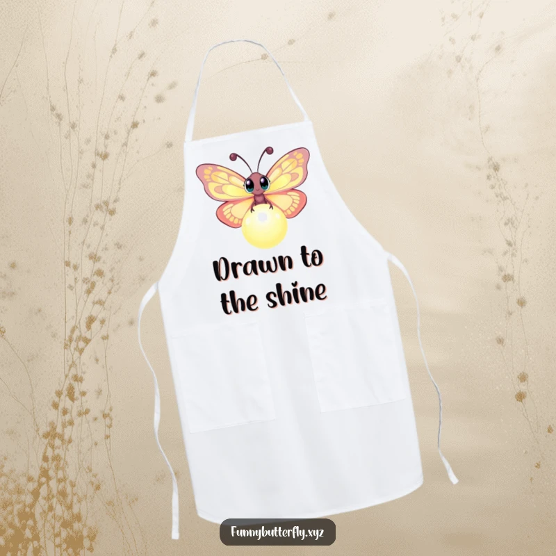 Funny apron featuring a curious butterfly with wide eyes exploring a glowing orb, perfect for a whimsical kitchen.