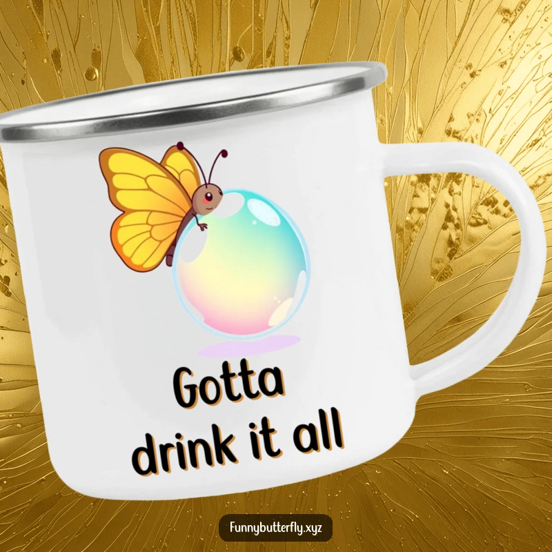 Funny camping mug with a comical butterfly hilariously attempting to carry a huge dewdrop, a humorous and durable outdoor companion.