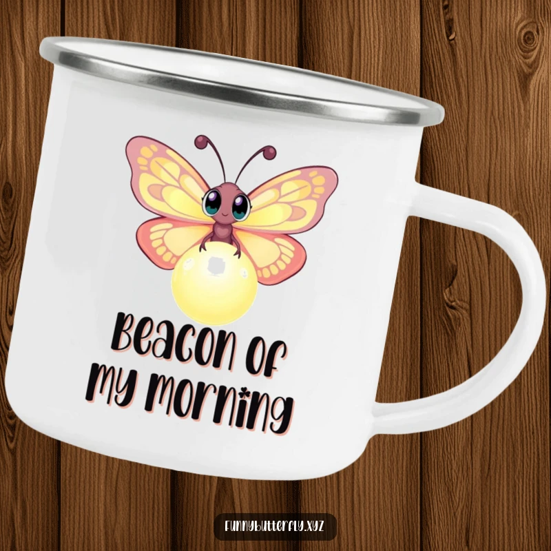 Funny camping mug with a curious butterfly and a glowing orb, perfect for enjoying magical moments outdoors.