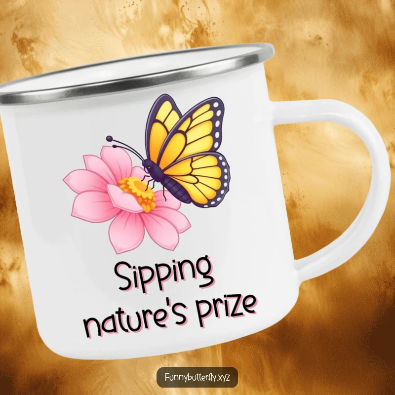 Funny butterfly sipping nectar from a radiant flower, designed for outdoor enjoyment on a camping mug.