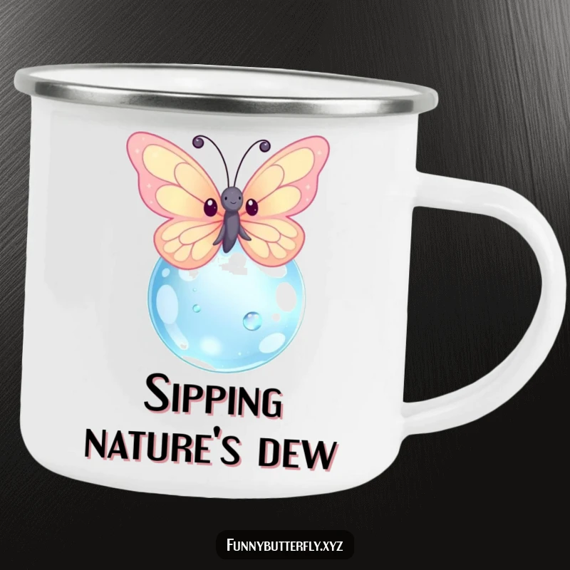 Funny kawaii butterfly with sparkling wings fluttering near a giant dewdrop, perfectly suited for outdoor adventures on a camping mug.