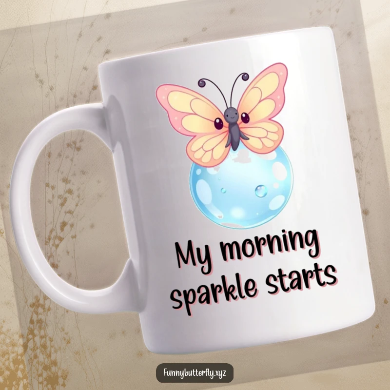 Funny kawaii butterfly with sparkling wings fluttering gracefully around a large, glistening dewdrop on a mug.