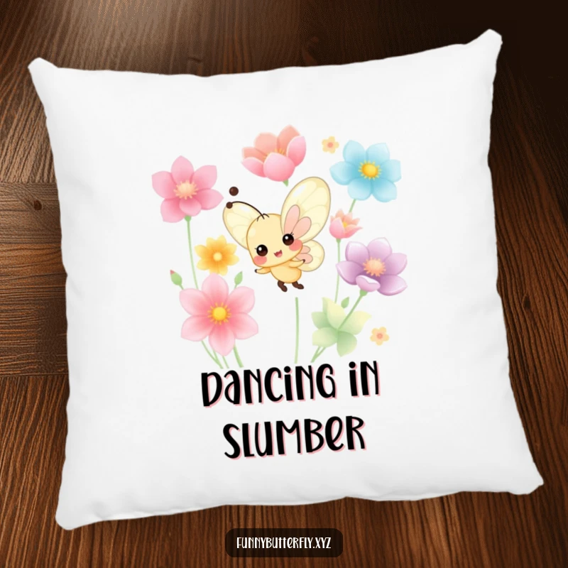 Soft pillow depicting a funny, tiny butterfly with a cheerful expression dancing playfully among colorful flower petals.