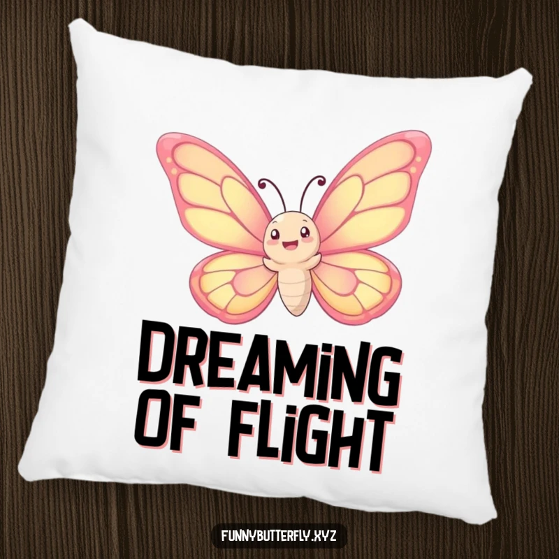 Funny pillow: A whimsical butterfly with oversized wings joyfully spirals upwards into the sky, offering a soft and enchanting accent.