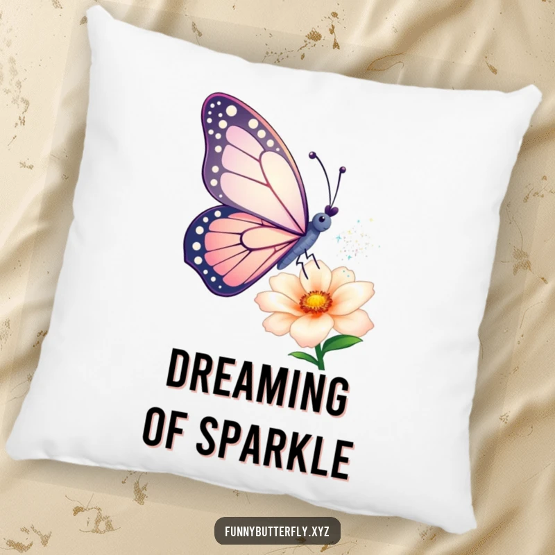 Funny pillow: A butterfly artistically sprinkles shimmering dust from its wings onto a flower, offering a soft and enchanting accent.