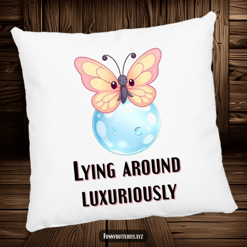 Funny kawaii butterfly with dazzling sparkling wings floating near a giant dewdrop, showcased on a soft, plush pillow.
