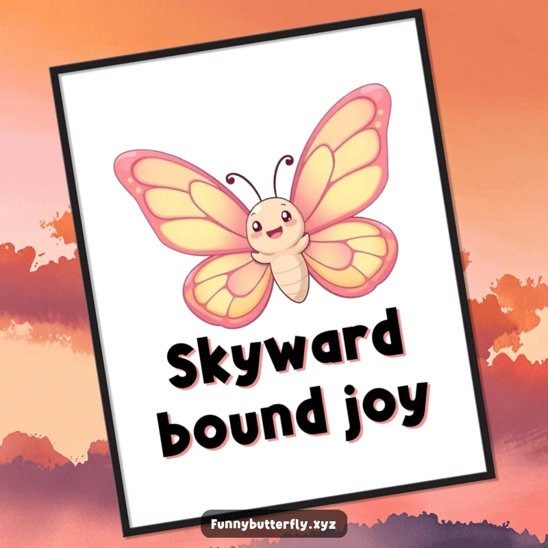 Funny digital art print: A whimsical butterfly with oversized wings joyfully spirals upwards into the sky, creating a beautiful and humorous illustration.