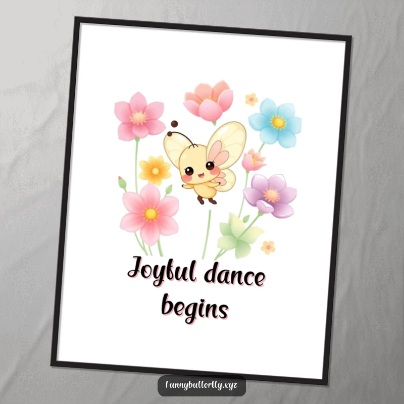 Funny tiny butterfly with a cheerful smile dancing joyfully amidst colorful flower petals, presented as downloadable art.