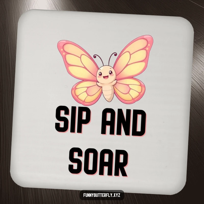 Funny coaster: A whimsical butterfly with oversized wings joyfully spirals upwards into the sky, protecting surfaces with humor.