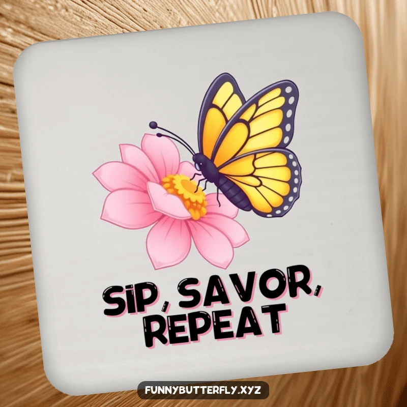 Funny butterfly delicately sipping nectar from a radiant flower, featured on a protective drink coaster.