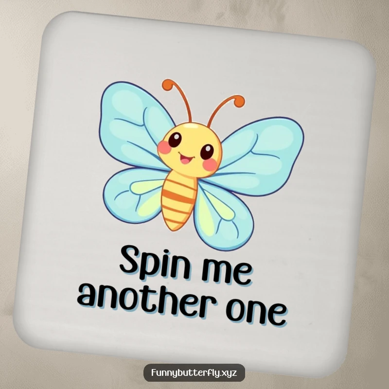 Funny whimsical butterfly with exaggerated antennae spinning joyfully, featured on a protective drink coaster.