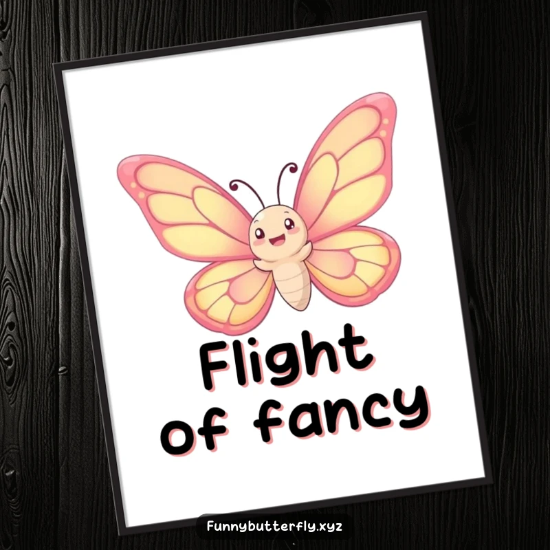 Funny poster: A whimsical butterfly with massively oversized wings joyfully spirals upwards into the sky, creating a breathtaking and humorous illustration.