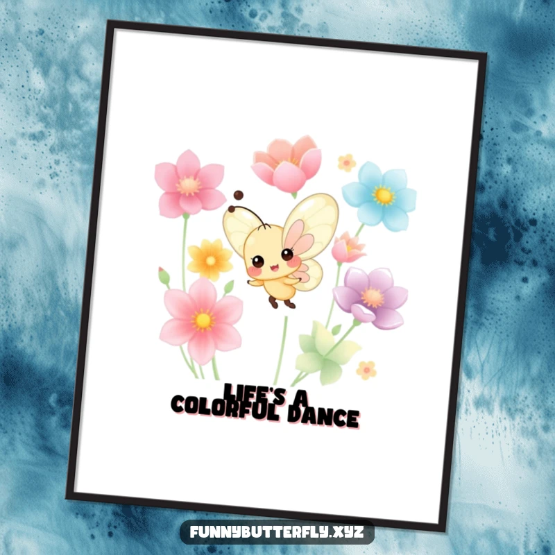 Funny tiny butterfly with a cheerful expression dancing joyfully amongst a lively arrangement of colorful flower petals on wall art.