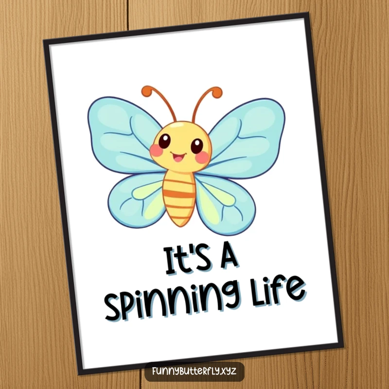 Funny whimsical butterfly with exaggerated antennae spinning energetically, presented as captivating wall art.