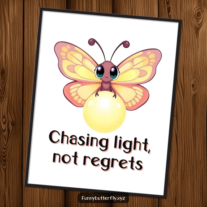 Mystical Free Printable Wall Art: Butterfly with wide, curious eyes flits around a captivating, softly glowing orb, inviting wonder.