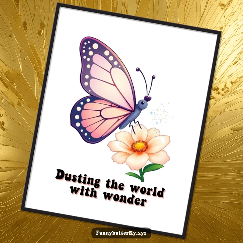 Free Printable Wall Art: A butterfly artistically showering a flower with shimmering, magical dust from its wings.