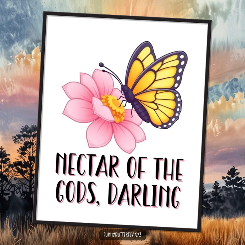 Funny Free Printable Wall Art depicting a butterfly with its proboscis reaching out to sip nectar from a radiant, blooming flower.