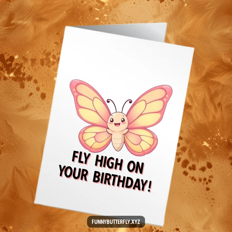 Free Printable Birthday Card: Whimsical butterfly with huge wings joyfully spiraling upwards into a bright blue sky.