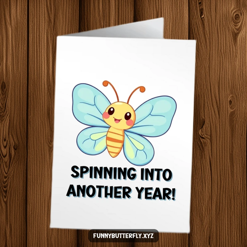 Funny Free Printable Birthday Card showcasing a whimsical butterfly with exaggerated antennae, joyfully spinning in a delightful motion.