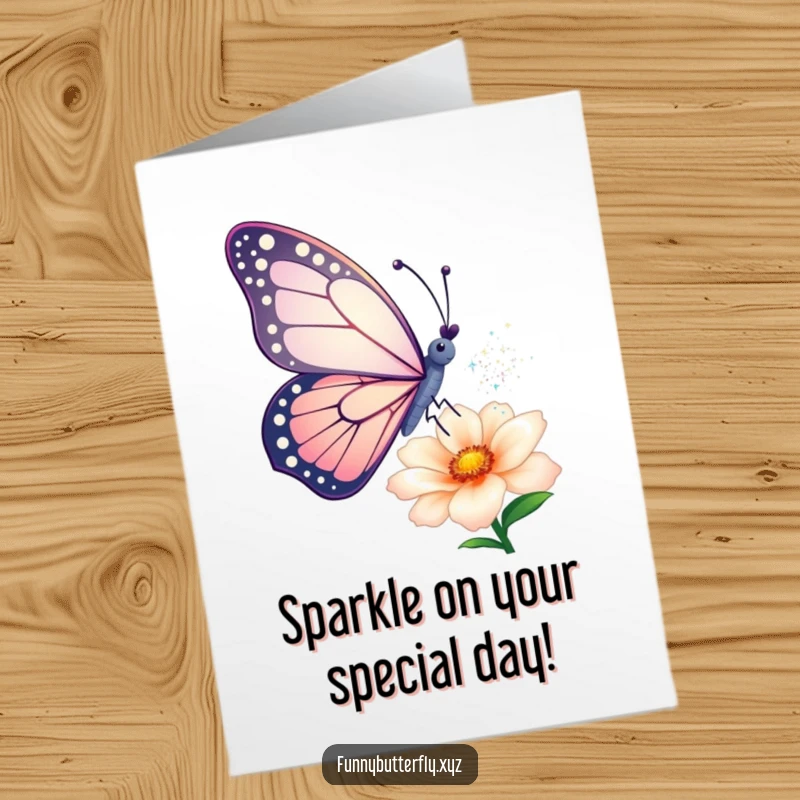 Free Printable Birthday Card: Butterfly artistically sprinkling sparkling dust from its wings onto a delicate flower.