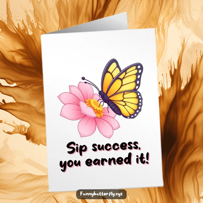 Funny Free Printable Congratulations Card featuring a butterfly sipping nectar from a radiant flower with its proboscis extended.
