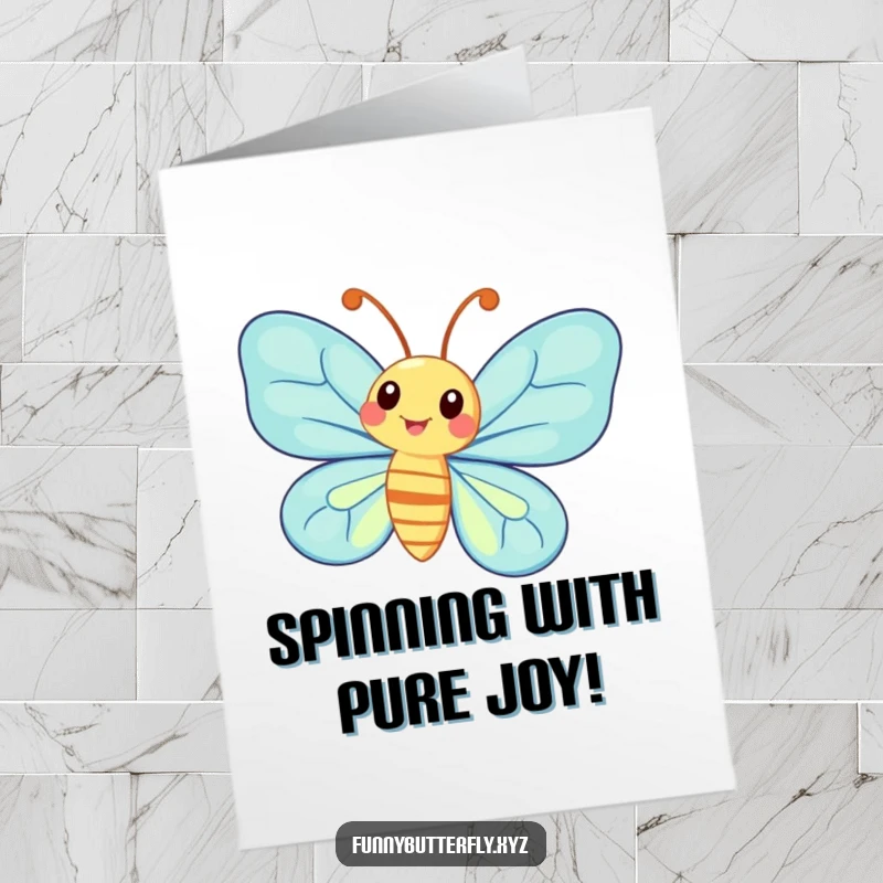 Funny Free Printable Congratulations Card featuring a whimsical butterfly with large antennae, joyfully spinning with excitement.