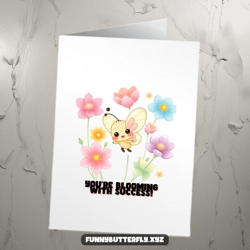 Funny Free Printable Congratulations Card showing a tiny, cheerful butterfly dancing joyfully among a backdrop of vibrant, colorful petals.