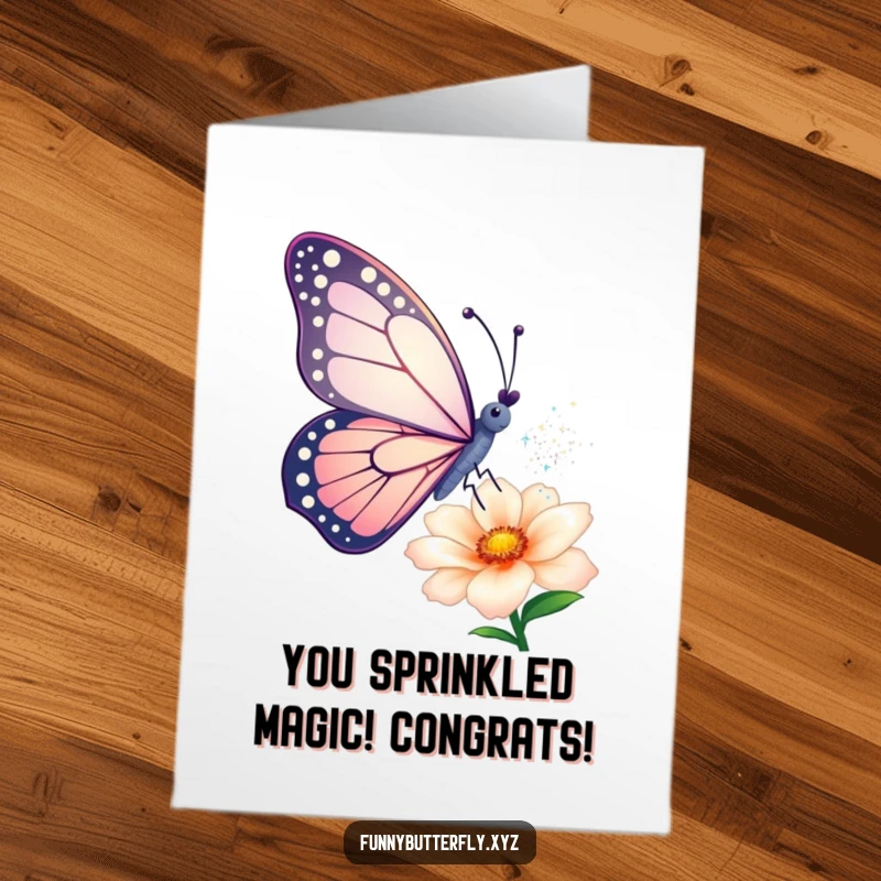 Free Printable Congratulations Card: Butterfly sprinkling sparkling dust onto a flower, symbolizing good fortune and celebration.