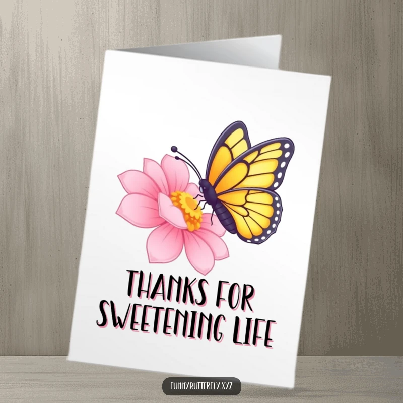 Funny Free Printable Thank You Card illustrating a butterfly extending its proboscis to drink nectar from a vibrant, glowing flower.