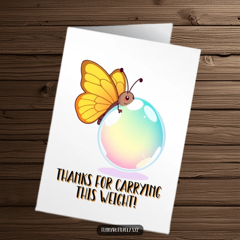 Funny Free Printable Thank You Card: Comical butterfly carrying a giant dewdrop, symbolizing big thanks with a humorous twist.
