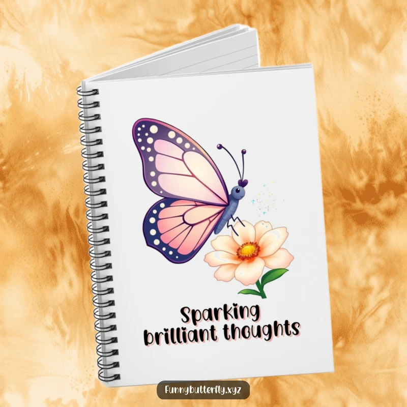 Funny notebook: A butterfly artistically sprinkles shimmering dust from its wings onto a flower, ideal for writing and sketching.