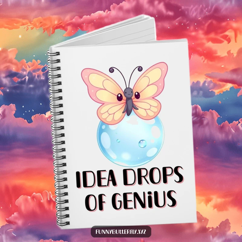 Funny kawaii butterfly with sparkling wings fluttering around a large dewdrop, adorning the cover of a delightful notebook.