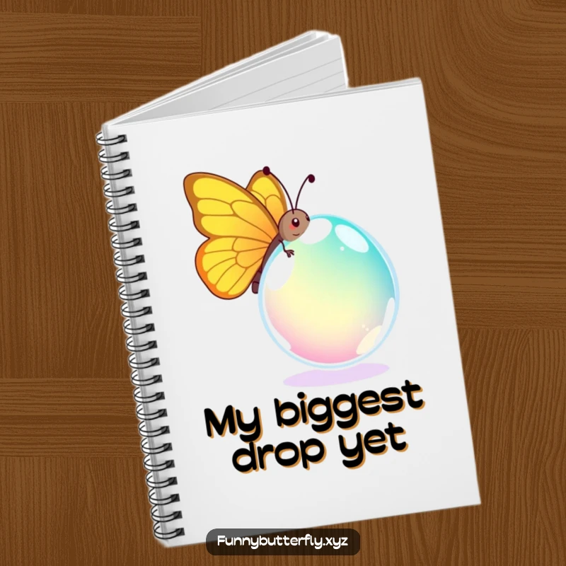Funny notebook featuring a comical butterfly hilariously trying to carry a massive dewdrop, perfect for jotting down funny thoughts.