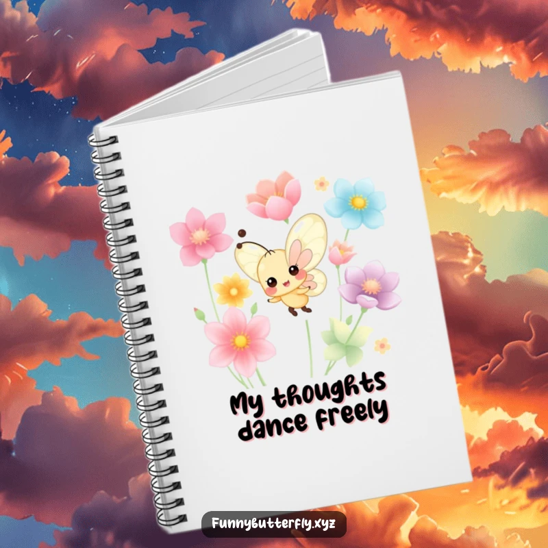 Funny tiny butterfly with a cheerful smile dancing happily among colorful flower petals on the cover of a notebook.