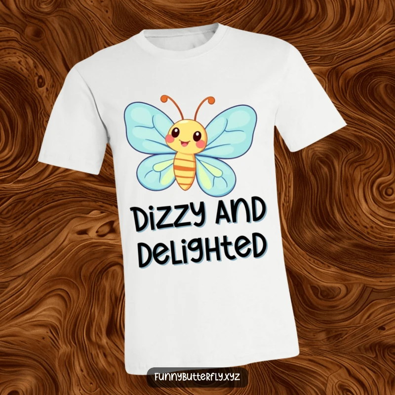 A funny, whimsical butterfly with large, exaggerated antennae is captured mid-spin on a comfortable t-shirt.