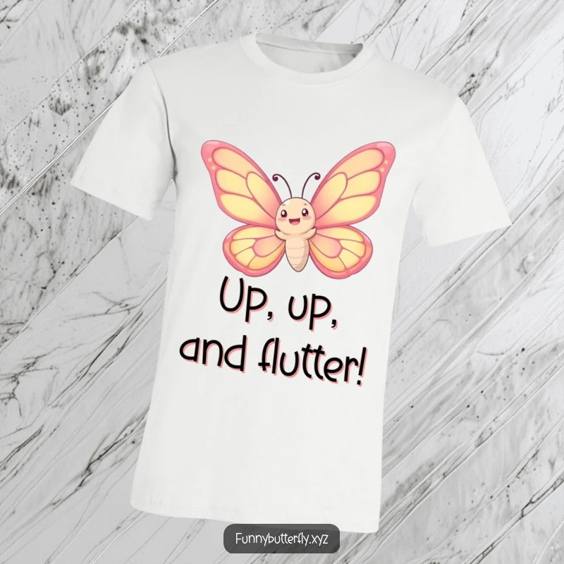 Funny T-shirt: A whimsical butterfly with exaggeratedly large wings joyfully spirals upwards into the sky, symbolizing freedom and upliftment.