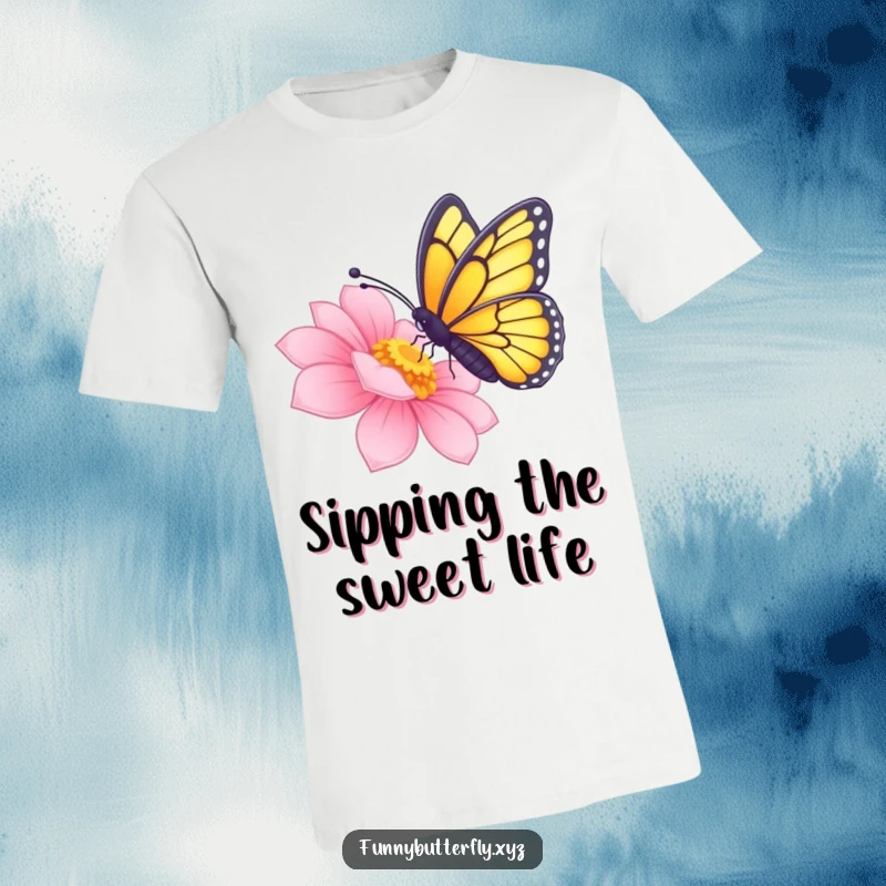 Funny butterfly with its proboscis extended, sipping nectar from a vibrant, radiant flower on a comfortable t-shirt.