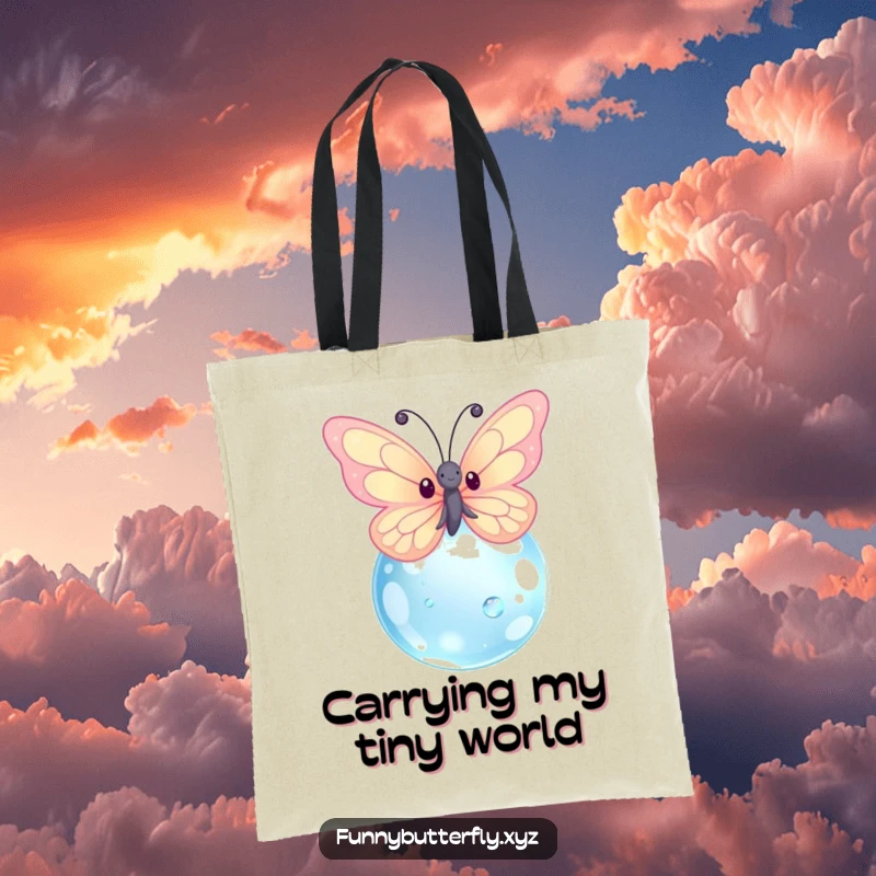 Funny kawaii butterfly design with sparkling wings fluttering near a large dewdrop, printed on a durable tote bag.