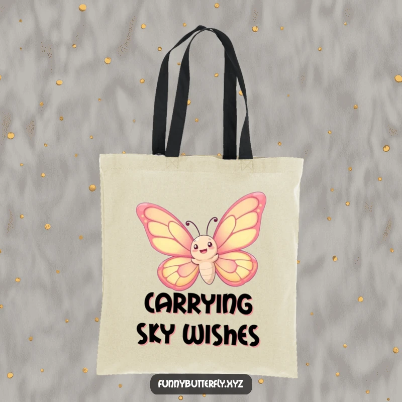 Funny tote bag: A whimsical butterfly with oversized wings joyfully spirals upwards into the sky, a beautiful and functional accessory.