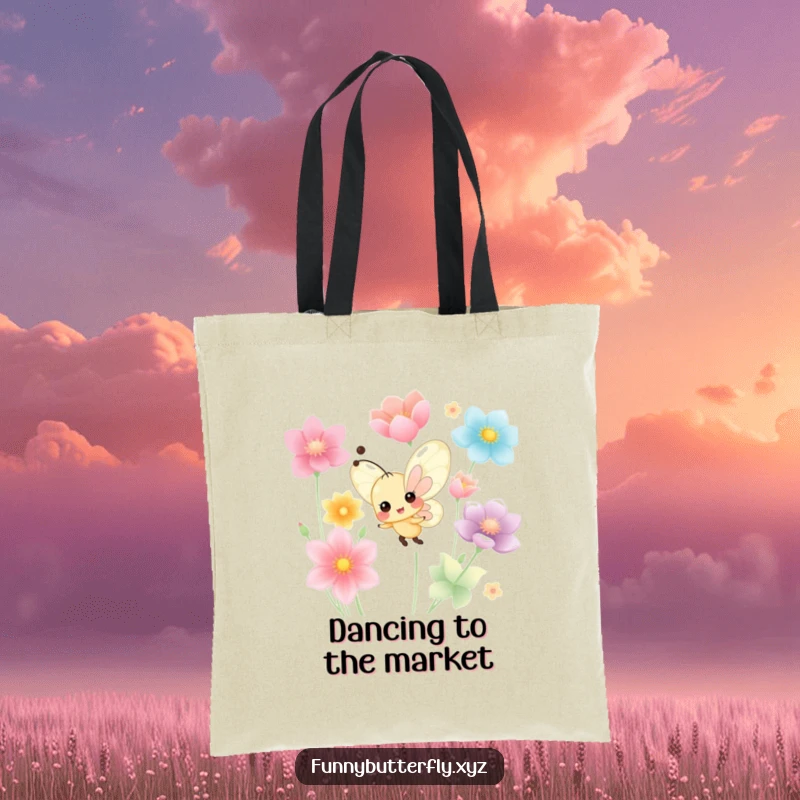 Funny tiny butterfly with a cheerful smile dancing enthusiastically among colorful petals on a durable tote bag.